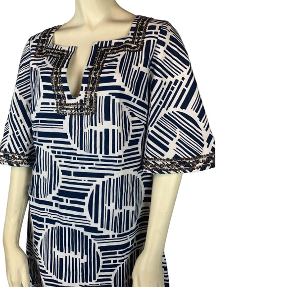 Trina Turk Womens Lek Bamboo Forest Shift Dress White Blue Geometric Sequin M/L - Picture 6 of 12